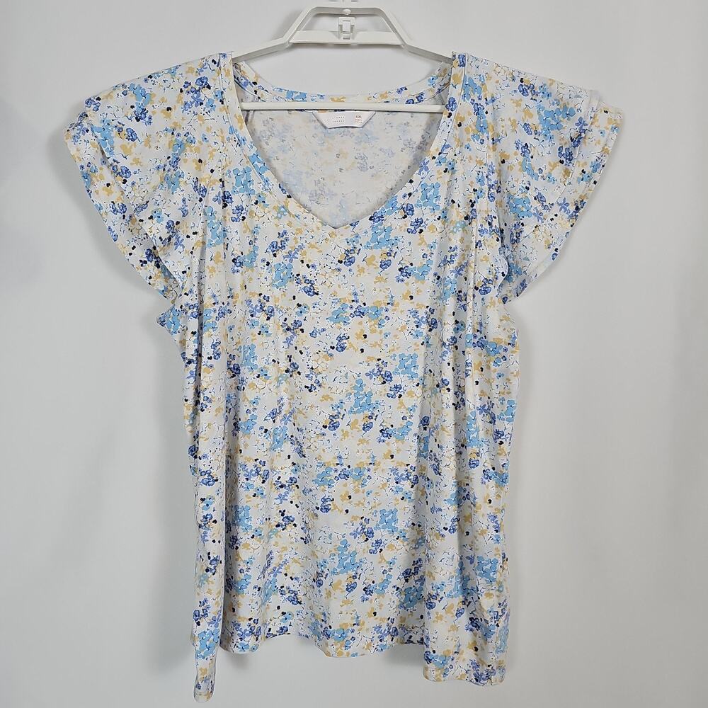 LC Lauren Conrad Womens XXL Blue Yellow Floral V-Neck Flutter Sleeve Cotton Top